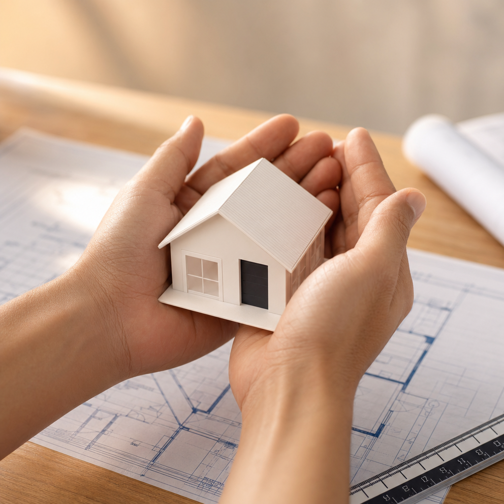 Maison miniature dans une main avec des plans de construction